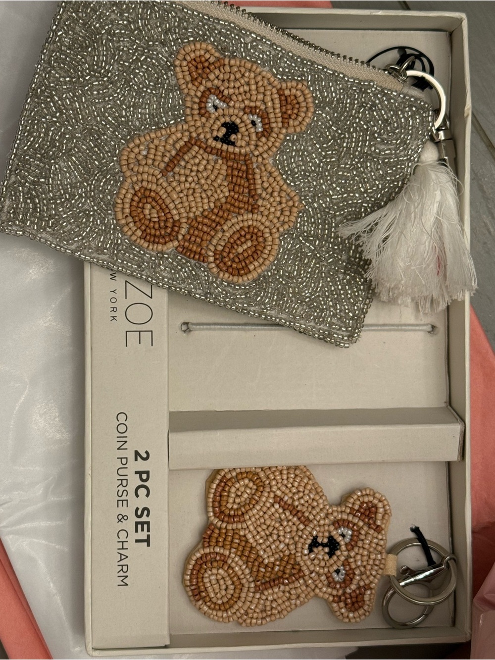 Rachel Zoe Silver Beaded Coin Purse with Beige Teddy Charm